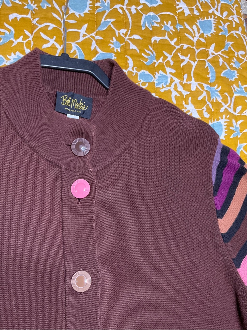 Bob Mackie Brown Cardigan with Multicolor Striped Sleeves - Picture 4 of 11
